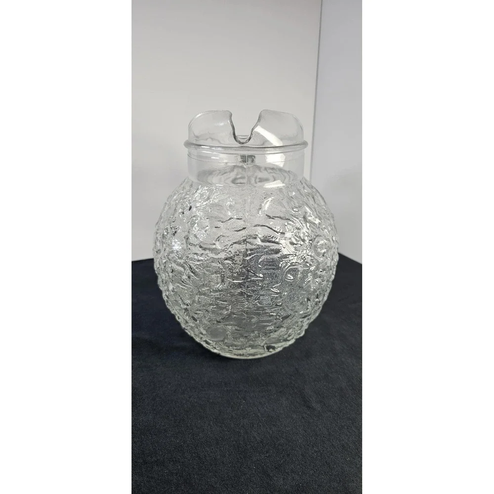 Anchor Hocking Lido Milano Pitcher Vintage Crinkle Ice Glass Clear Handle Spout‎